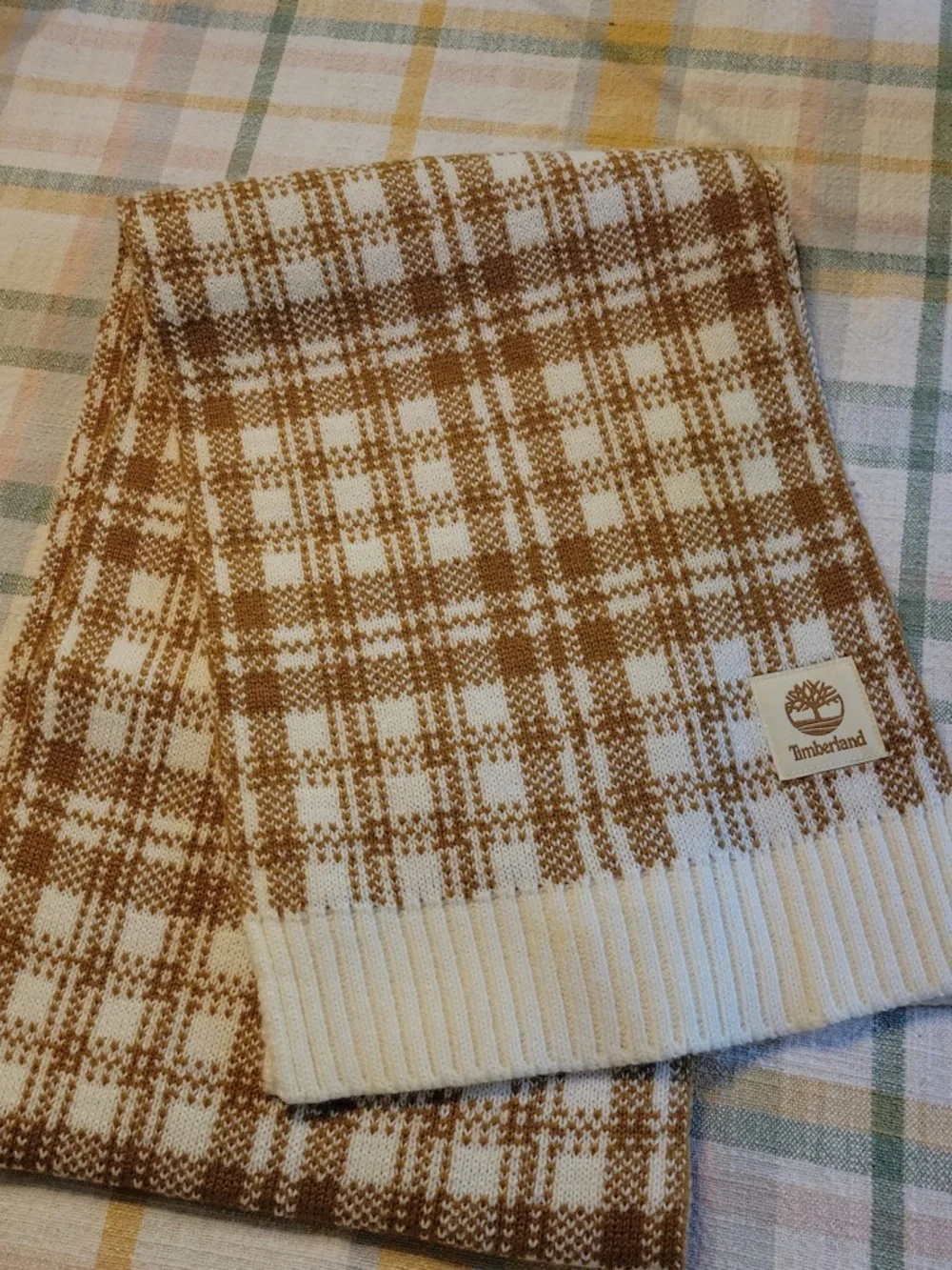 Timberland Cream and Brown Plaid Knit Scarf with Logo Tag